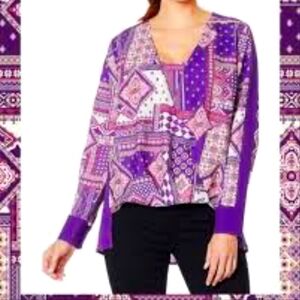 4/$25 BUNDLE SALE! IMAN LONG SLEEVE MOCK WRAP HIGH LOW PURPLE QUILTED PATTERN